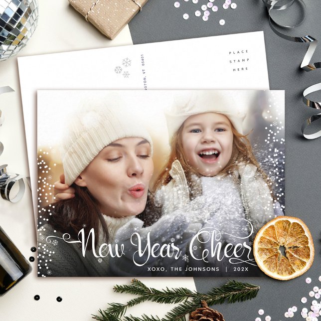 New Year Cheer Modern Script White Snowflake Photo Holiday Postcard (Creator Uploaded)