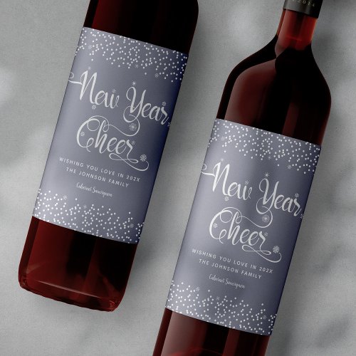New Year Cheer Modern White Snowflakes Gray Custom Wine Label