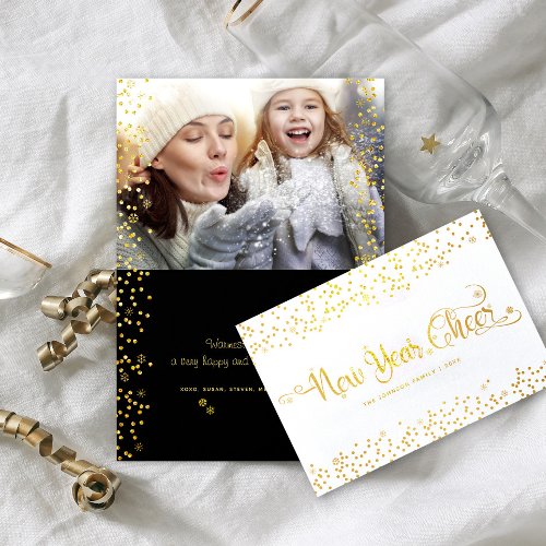 New Year Cheer Photo Gold Script Snowflakes Real Foil Card