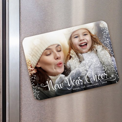 New Year Cheer Photo White Script Snowflakes  Magnet