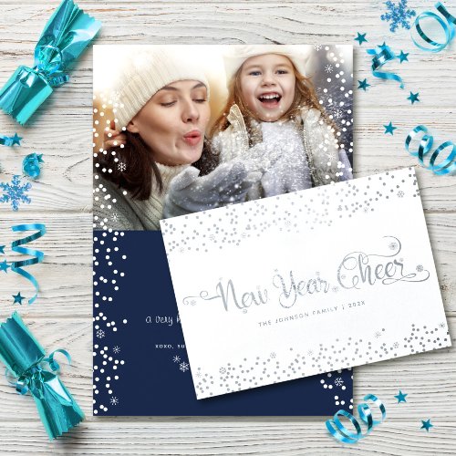 New Year Cheer Photo White Snowflakes Real Silver Foil Card