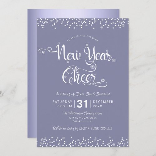 New Year Cheer Script Confetti Purple Gray Party Invitation