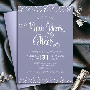 New Year Cheer Script Confetti Purple Gray Party Invitation