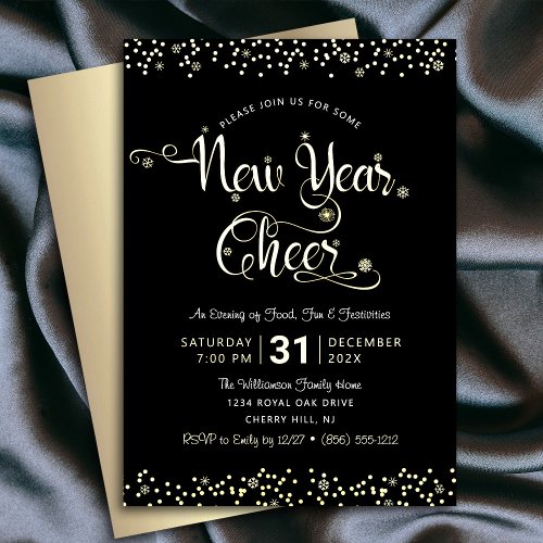 New Year Cheer Script Party Chic Black Real Gold Foil Invitation