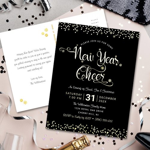 New Year Cheer Script Party Chic Black Real Gold Foil Invitation Postcard