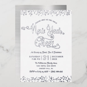 New Year Cheer Script Party Chic White Real Silver Foil Invitation