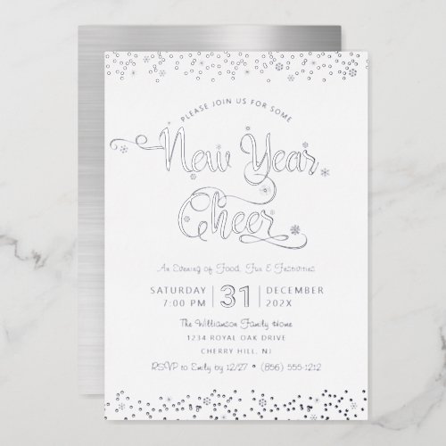 New Year Cheer Script Party Chic White Real Silver Foil Invitation