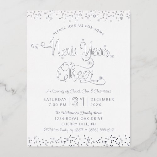 New Year Cheer Script Party Chic White Real Silver Foil Invitation Postcard