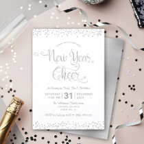 New Year Cheer Silver White Script Confetti Party Invitation