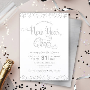 New Year Cheer Silver White Script Confetti Party Invitation