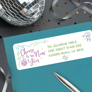 New Year Cheer Teal Purple Green Doodles Address Label