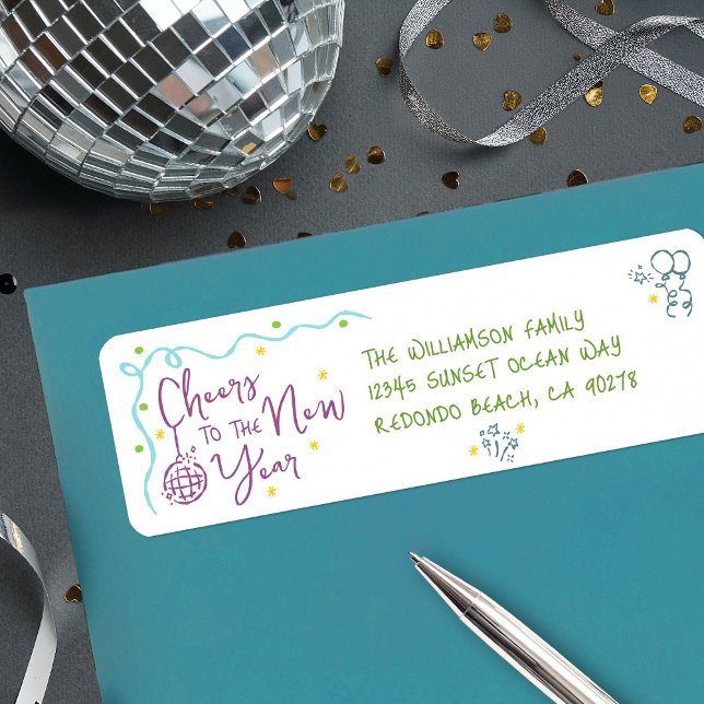 New Year Cheer Teal Purple Green Doodles Address Label (Creator Uploaded)