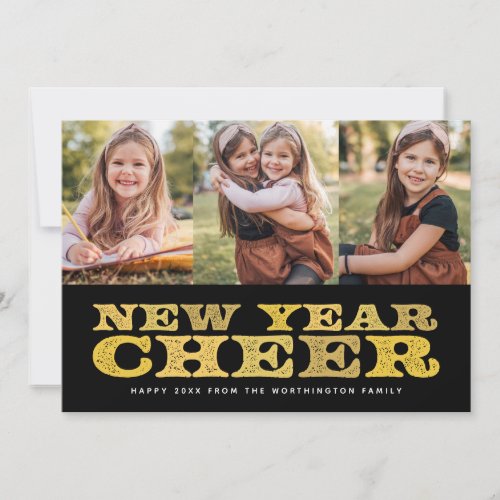 New Year Cheer three photo black gold holiday card