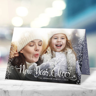 New Year Cheer Typography White Snowflake Photo Holiday Card