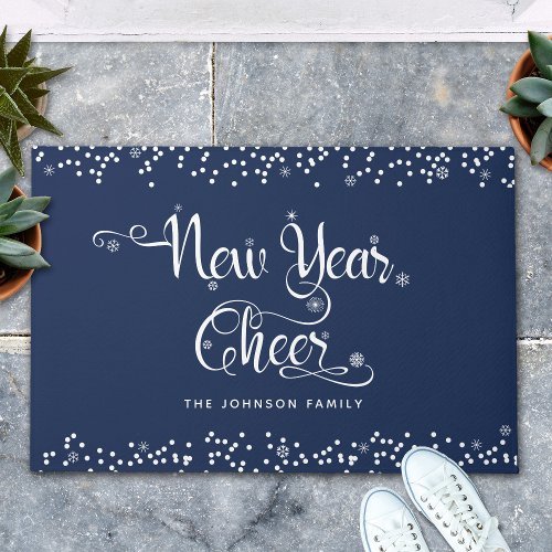 New Year Cheer White Script Snowflakes Navy Custom Doormat