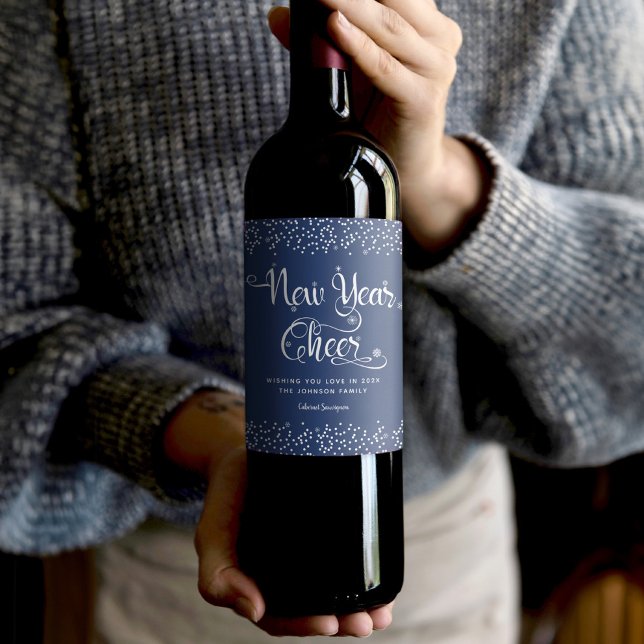 New Year Cheer White Snowflakes Navy Chic Custom Wine Label (Creator Uploaded)