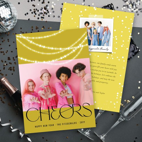 New Year Cheers Sparkling Lights Stylish Photo Holiday Card