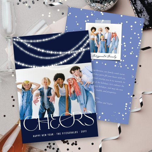 New Year Cheers Sparkling Lights Stylish Photo Holiday Card