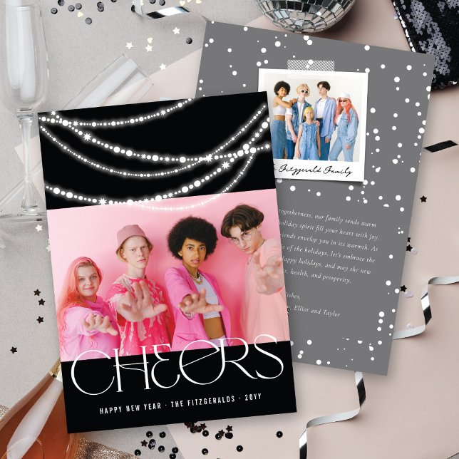 New Year Cheers Sparkling Lights Stylish Photo Holiday Card (Creator Uploaded)