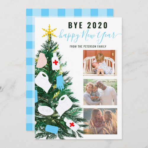 New Year Christmas tree watercolor 3 photos blue Card