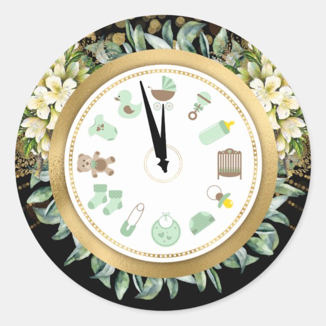 New Year Clock Baby Shower Classic Round Sticker (Front)