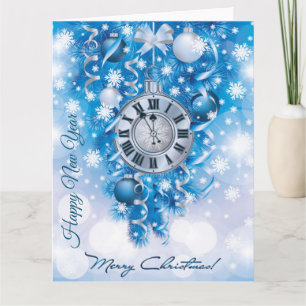 New Year Clock Blue n White Merry Christmas Card