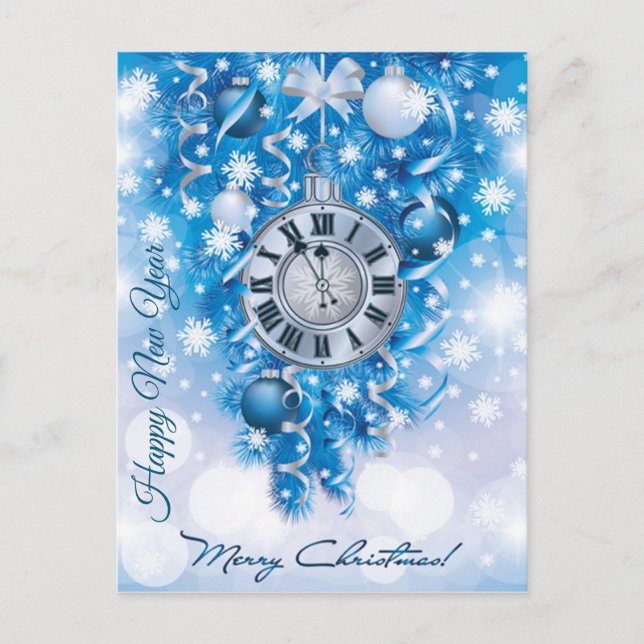 New Year Clock Blue n White Merry Christmas Postcard (Front)
