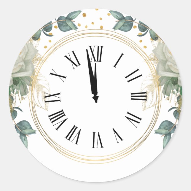 New Year Clock Flowers Classic Round Sticker (Front)