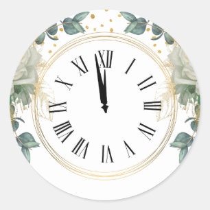 New Year Clock Flowers Classic Round Sticker