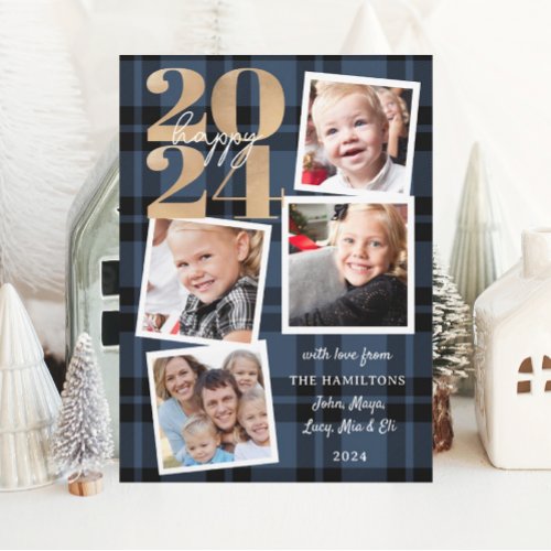 New Year Collage Blue Plaid Photo Card