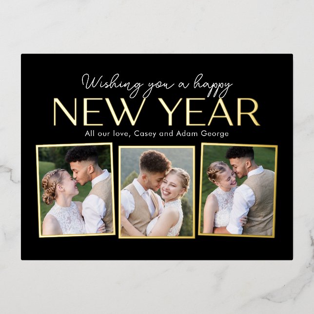 New Year Collage FOIL Editable Color Postcard (Front)