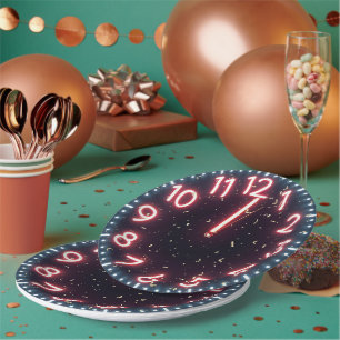 New Year Confetti On Neon Clock Paper Plates