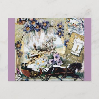New Year Couple Horse House Flowers Victorian Art Holiday Postcard by EDDESIGNS at Zazzle