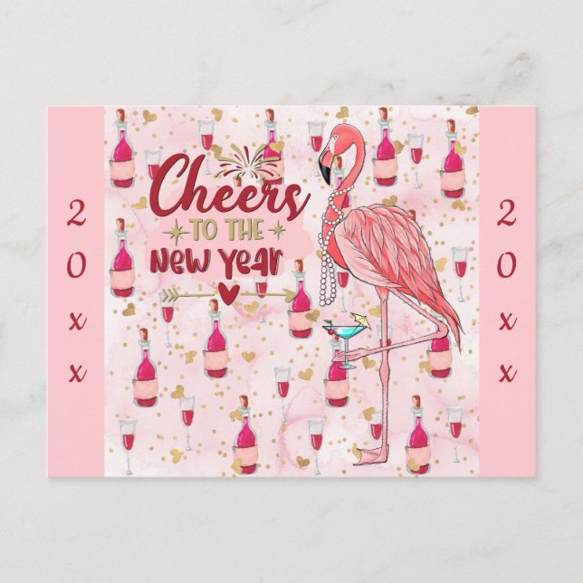 New Year Cute Pink Flamingo Champagne Postcard (Front)