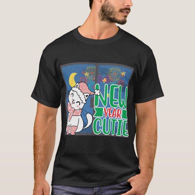 New Year Cutie Cat on Window with Fireworks Backgr T-Shirt (Front)