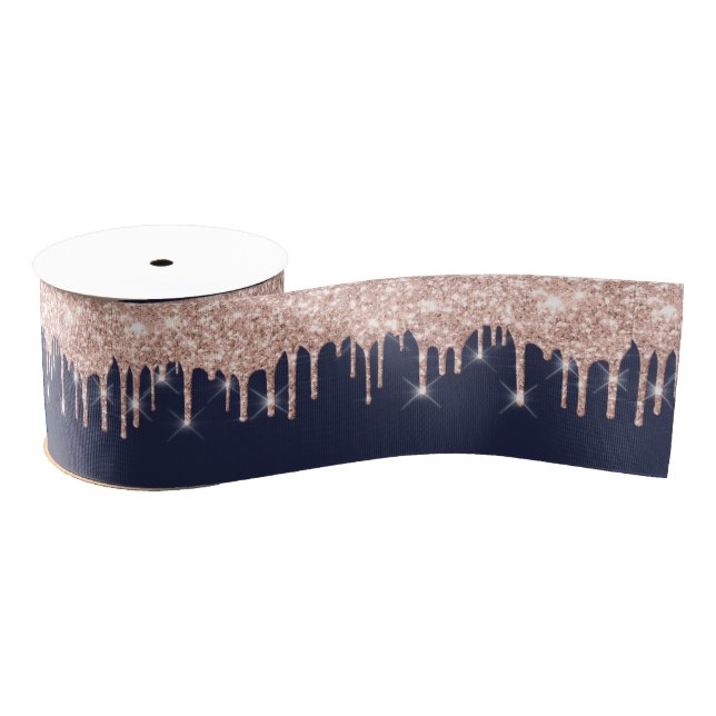 New Year Drips Royal Rose Gold Blue Navy Spark Grosgrain Ribbon (Spool)