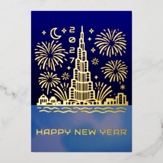 New Year Dubaï Fireworks 2027 Gold Foil Holiday Card