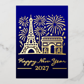 New Year Eiffel Tower Paris Fireworks France Gold Foil Holiday Card