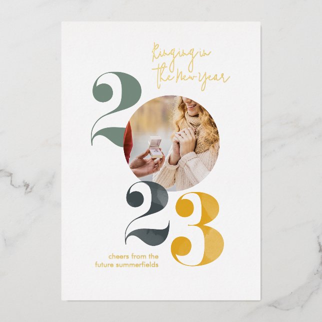New Year Engagement Photo Elegant Foil Holiday Card (Front)