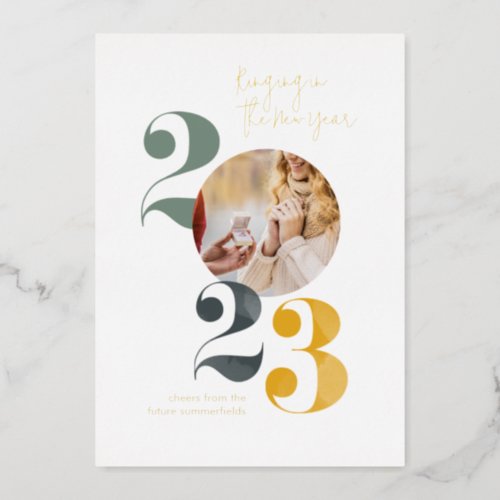 New Year Engagement Photo Gold Foil Holiday Card