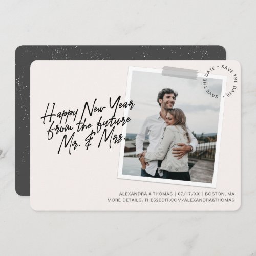 New Year Engagement Save The Date Creme Photo Holiday Card