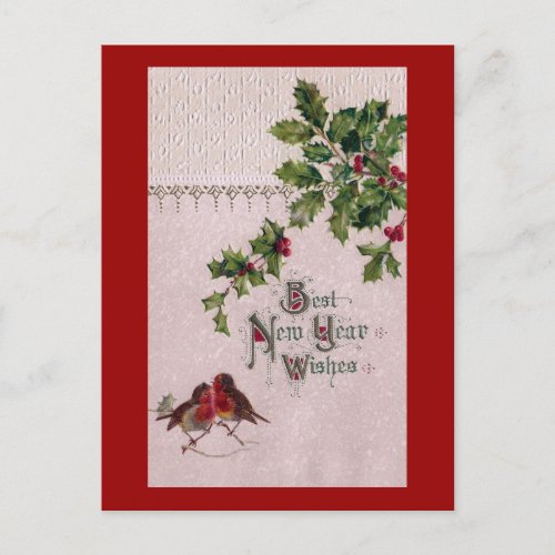 New Year Euro Robins and Holly Holiday Postcard