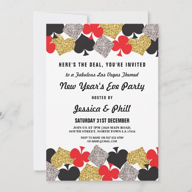 New Year Eve Party Las Vegas Casino Glitter Invite (Front)