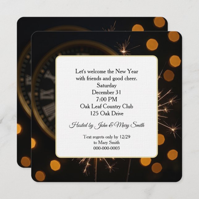 New Year Eve Sparklers On a Midnight Clock Invitation (Front/Back)