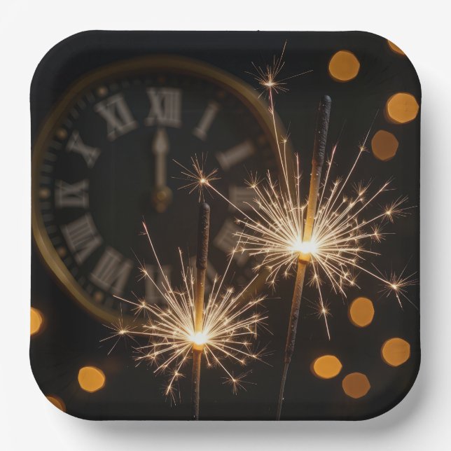 New Year Eve Sparklers On a Midnight Clock Paper Plates (Front)