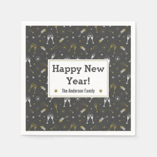 New Year Fireworks and Champagne black gold white Napkins