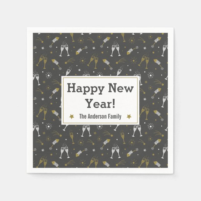 New Year Fireworks and Champagne black gold white Napkins (Front)