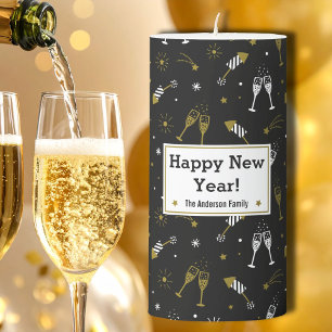 New Year Fireworks and Champagne black gold white Pillar Candle