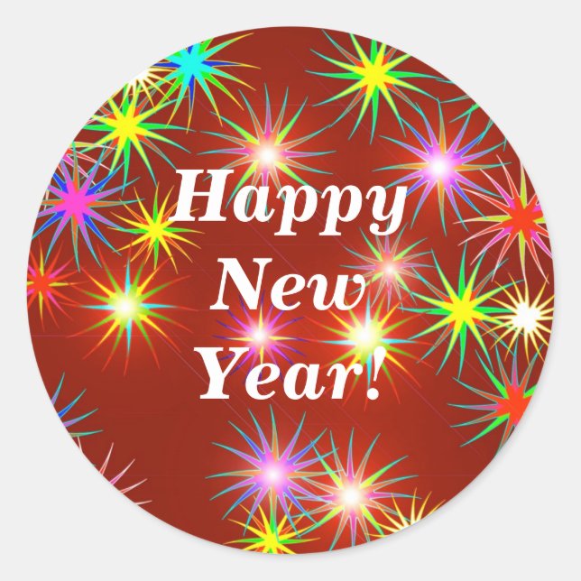 New Year Fireworks Flash on Red Classic Round Sticker (Front)