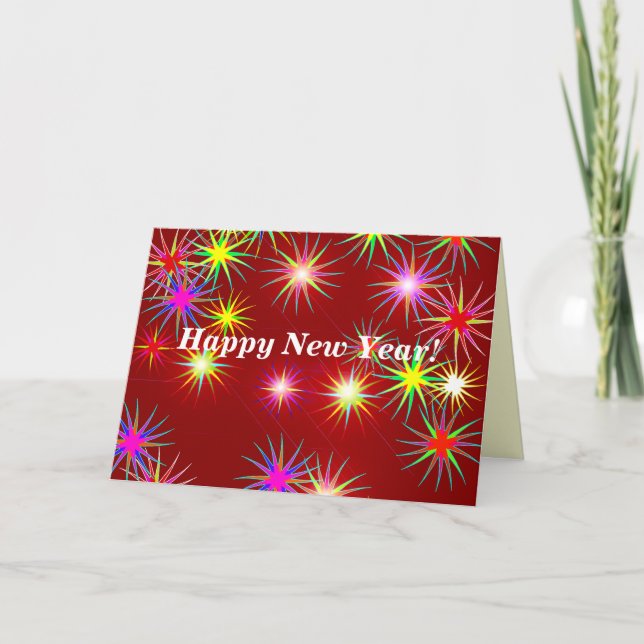 New Year Fireworks Flash on Red Holiday Card (Front)